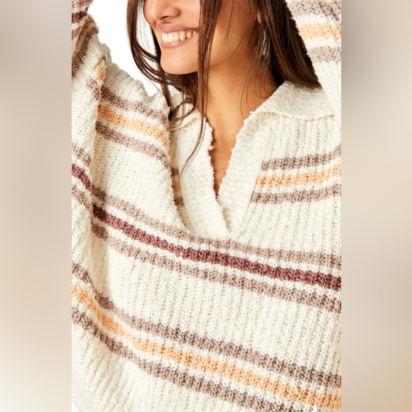 Free People Cotton Blend Cream Kennedy Stripe Collared Cropped Sweater size S - Picture 4 of 11